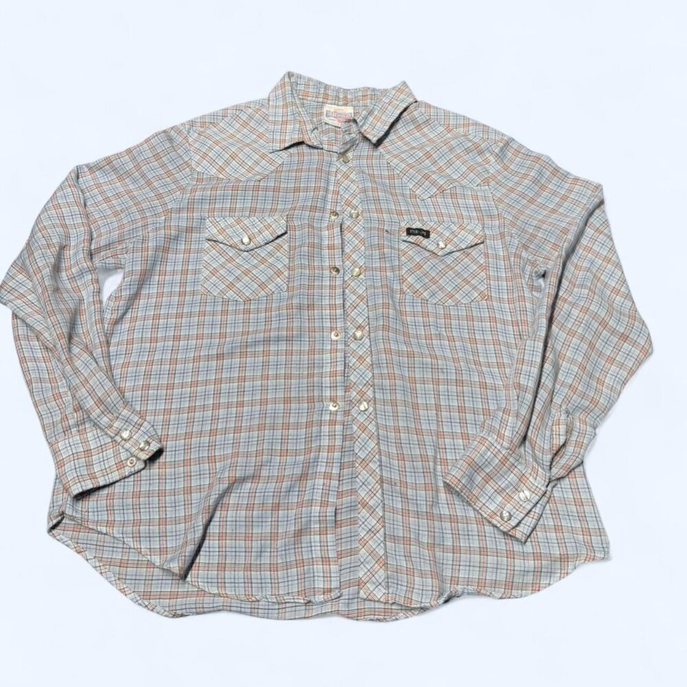 vintage pearl snap long sleeve button-up blue red and white